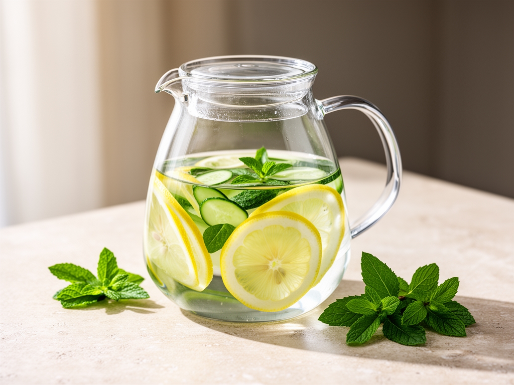 Skleněná konvice s čerstvou čistou vodou a plátky citronu, okurky a lístky máty na světlém kamenném stole v přirozeném denním světle