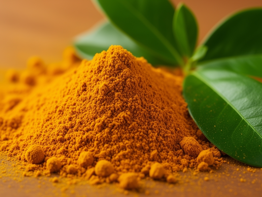 Makro fotografický záběr zlatavého prášku kurkumy a zelených listů s viditelnou texturou a přirozenými pigmenty v teplém studiovém světle
