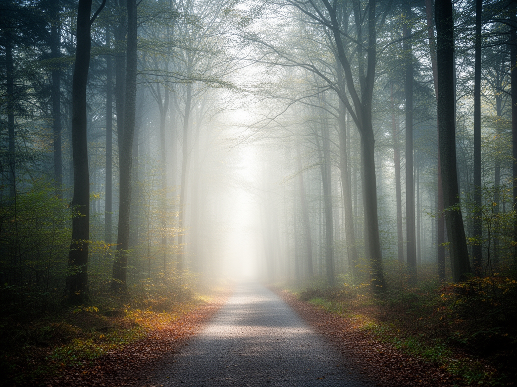 Tichá lesní stezka v ranním světle s mlhou procházející stromy – symbolizuje přírodu jako protiváhu modernímu životnímu stylu