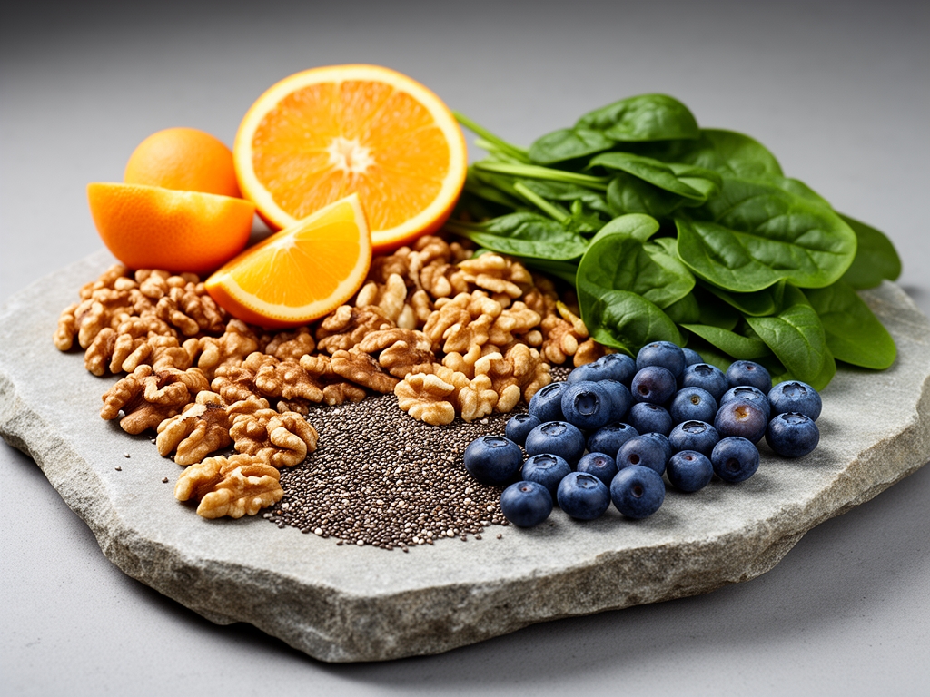 Různorodé přírodní suroviny – semena chia, vlašské ořechy, borůvky, špenátové listy a citrusové plody rozložené na kamenné desce ve studiovém světle