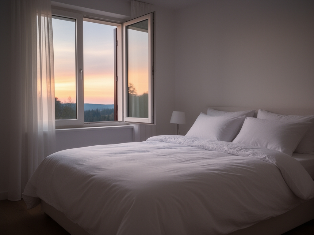 Klidná ložnice s mírně přiotvřeným oknem, jemným večerním světlem a bílým ložním prádlem – evokuje téma kvalitního spánku a regenerace