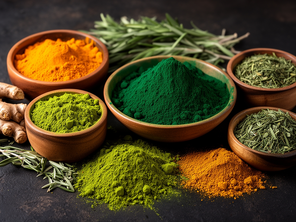 Abstraktní kompozice přírodních prášků a výtažků v různých odstínech zelené a zlaté – kurkuma, spirulina a bylinné extrakty v malých miskách na tmavém přírodním pozadí